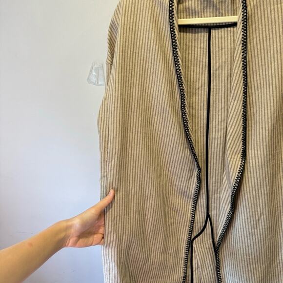 NWOT Zara Beige Linen Striped Fringe Trim Hem Midi Duster Wrap Coat Cardigan - Picture 7 of 16